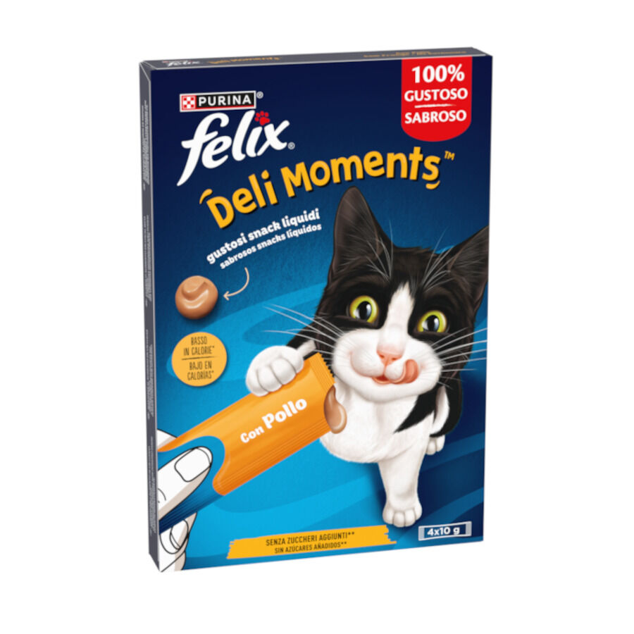 4 saquetas x 10 g Purina Felix Deli Moments con Frango Snack liquido para gatos , , large Imagem n&uacute;mero 1