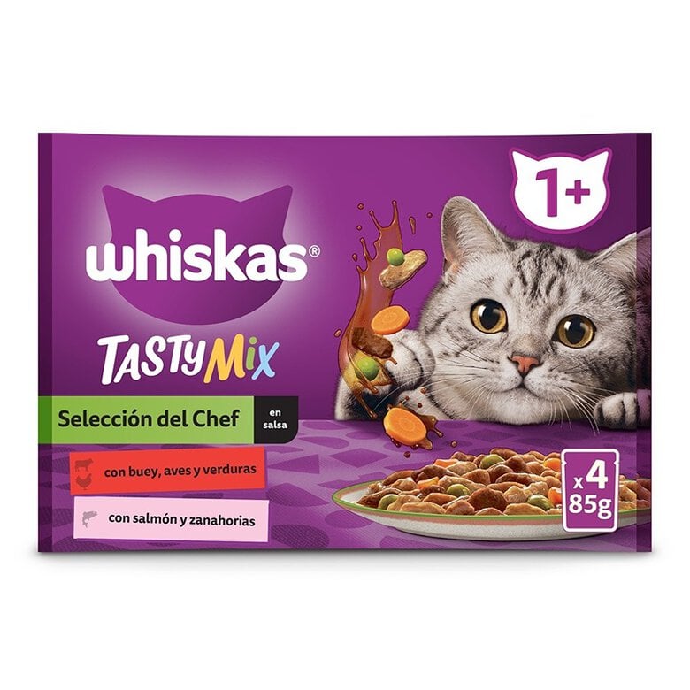 4 saquetas x 85 g Whiskas Tasty Mix Seleção do Chefe Molho em Saqueta para gatos adultos,  Imagem número 1 4 saquetas x 85 g Whiskas Tasty Mix Seleção do Chefe Molho em Saqueta para gatos adultos, , large Imagem número 1
