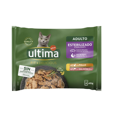 Ultima Fit e Delicious frango e salmão saqueta em molho para gatos