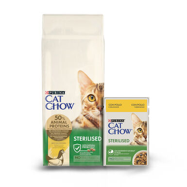 Cat Chow Pack de Ração e Alimento Húmido de Frango para gatos esterilizados
