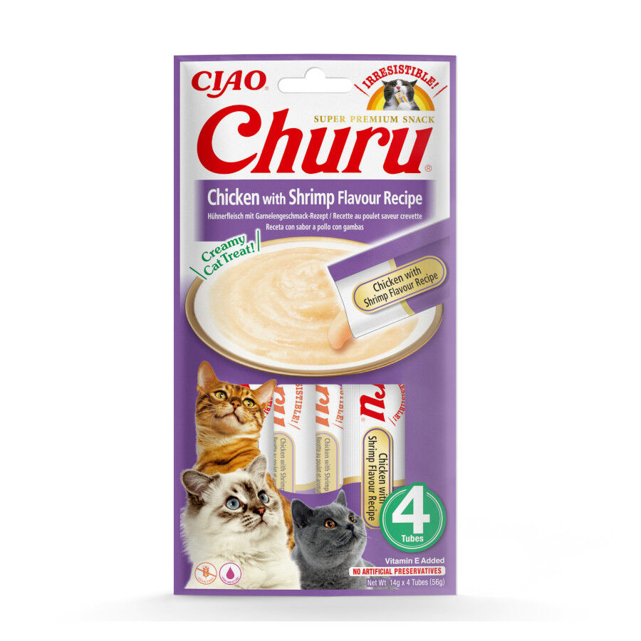 4 saquetas x 14 g Churu Snack Cremoso de Frango com Gambas para gatos, , large Imagem n&uacute;mero 1
