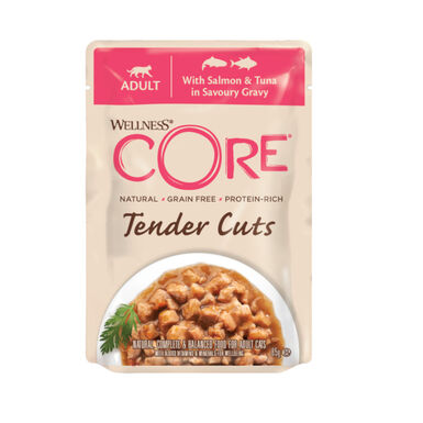 Wellness Core Tender Cuts salmão e atum em molho saquetas para gatos