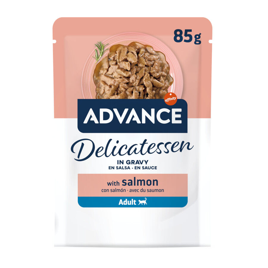 85 g Advance Delicatessen Comida h&uacute;mida de salm&atilde;o em molho em saqueta para gatos, , large Imagem n&uacute;mero 1