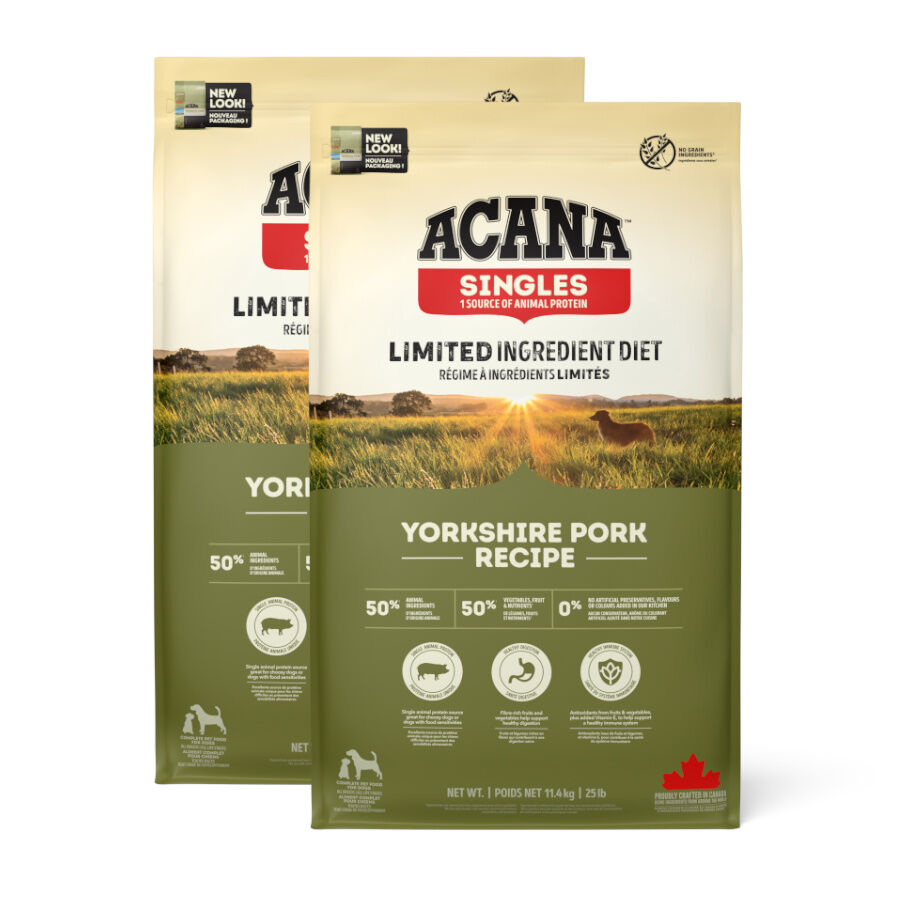 2 x 11.4 kg Acana Singles Yorkshire Pork Porco e Ab&oacute;bora Ra&ccedil;&atilde;o para c&atilde;es Pack poupan&ccedil;a!, , large Imagem n&uacute;mero 1