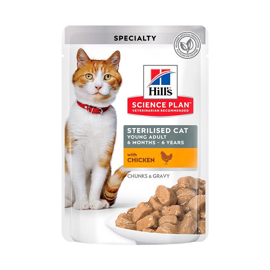 85 g Hill's Young Adult Science Plan Sterilized Frango saqueta para gatos, , large Imagem n&uacute;mero 1