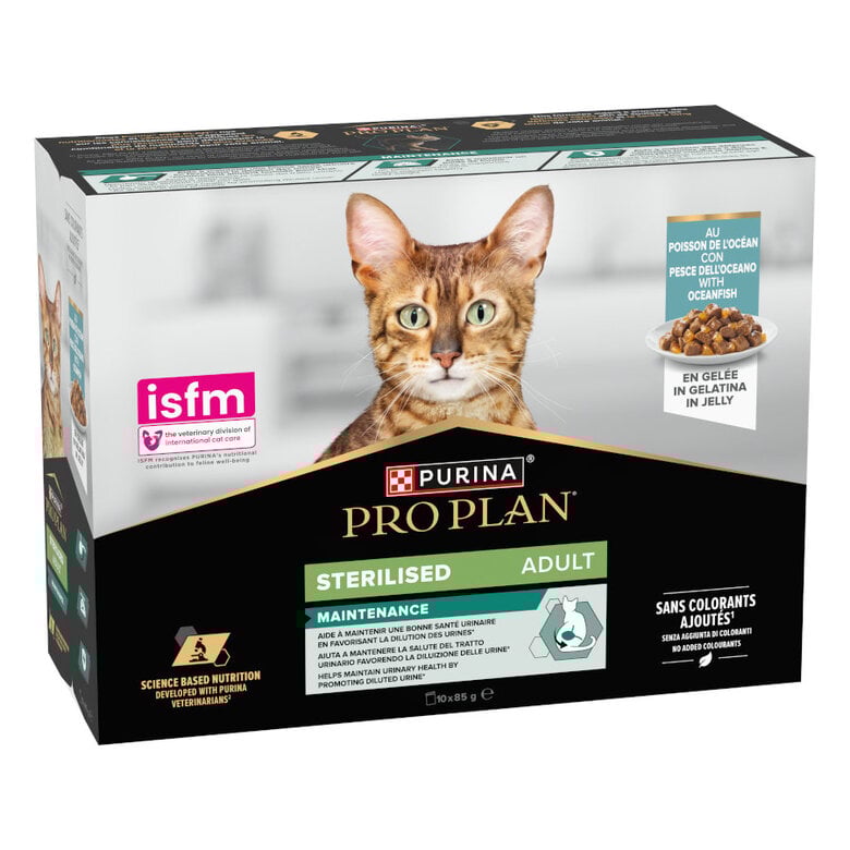 10 saquetas x 85 g Pro Plan Adulto Esterilizado Peixe Saqueta em Gelatina para gatos,  Imagem número 1 10 saquetas x 85 g Pro Plan Adulto Esterilizado Peixe Saqueta em Gelatina para gatos, , large Imagem número 1