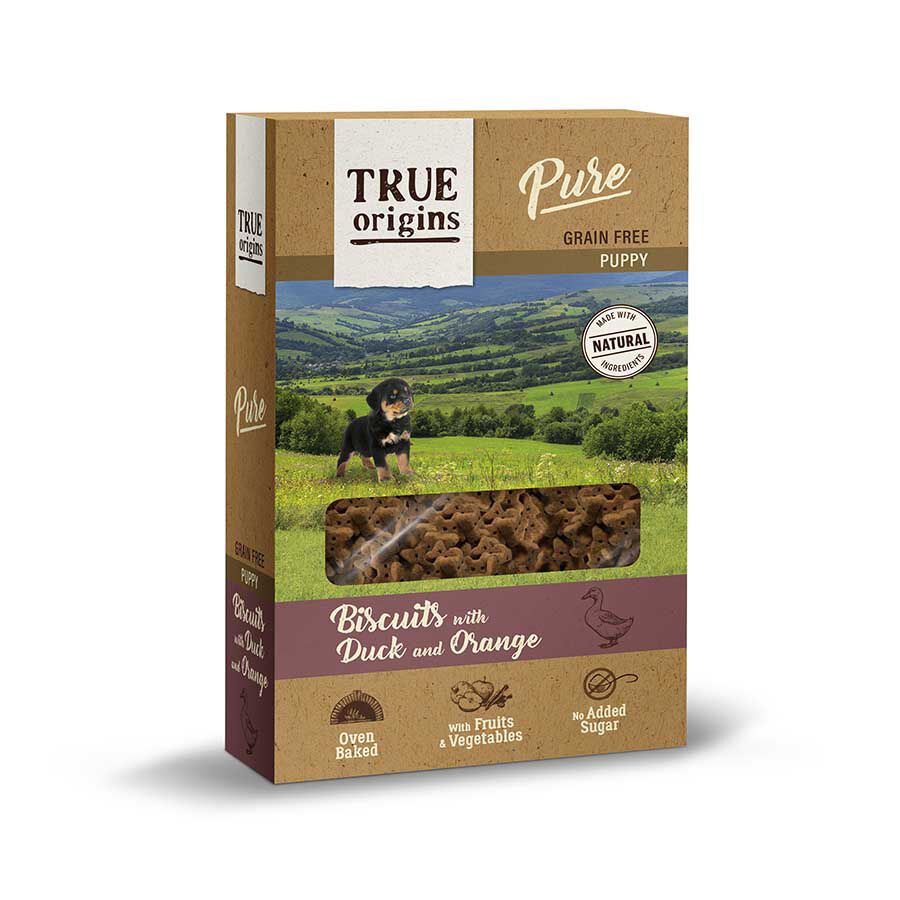 3 pacotes x 320 g True Origins Pure Puppy Pato com Laranja biscoitos para cachorros Pack poupan&ccedil;a!, , large Imagem n&uacute;mero 1