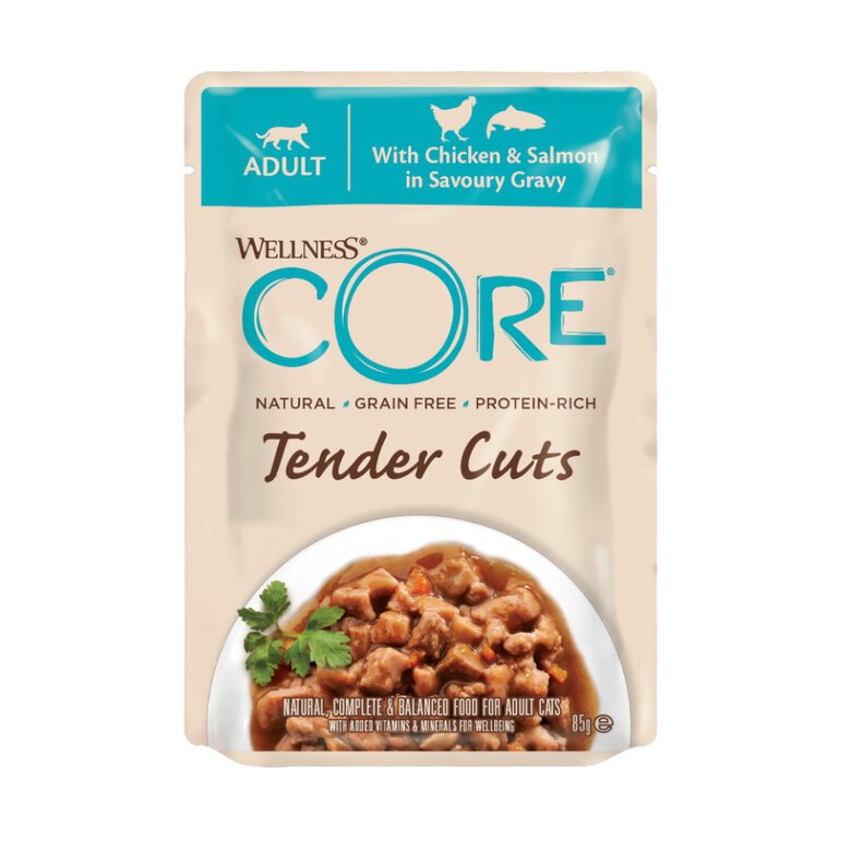85 g Wellness Core Tender Cuts frango e salmão saquetas para gatos,  Imagem número 1  85 g Wellness Core Tender Cuts frango e salmão saquetas para gatos, , large Imagem número 1