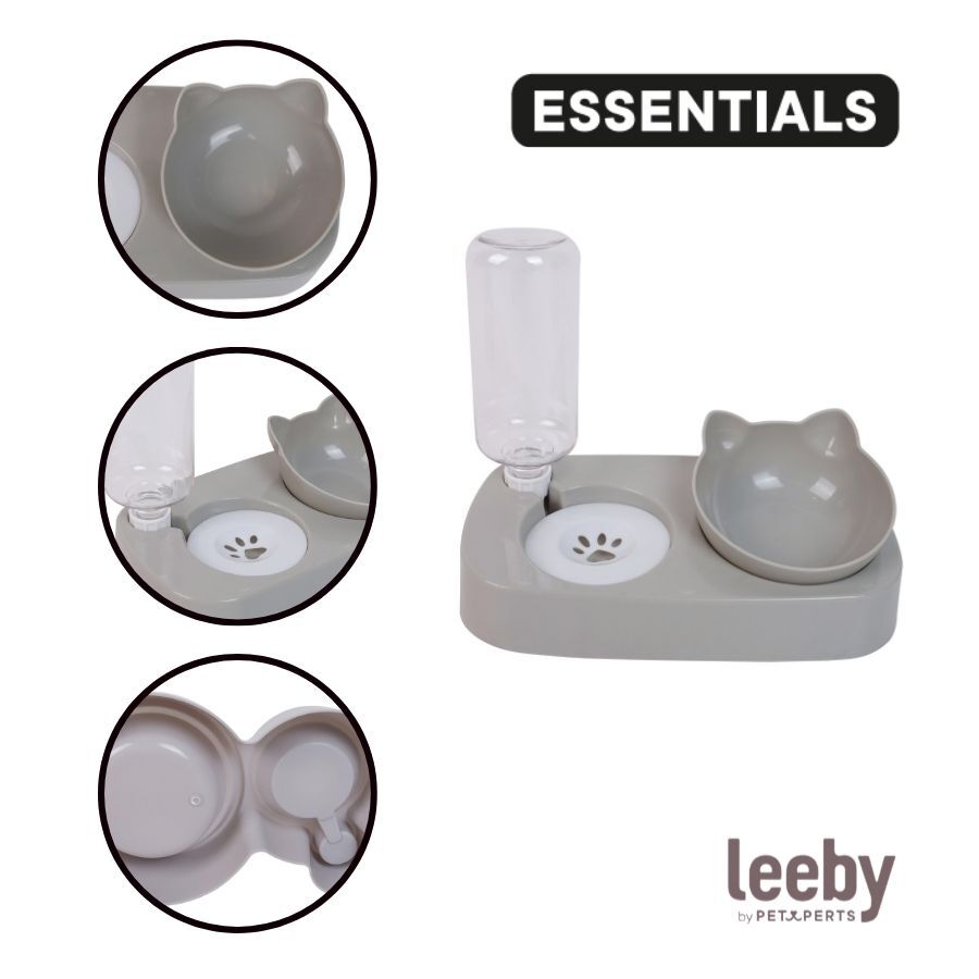Leeby Comedouro e Dispensador de &Aacute;gua 2 em 1 Cinzento e Branco para gatos, , large Imagem n&uacute;mero 3