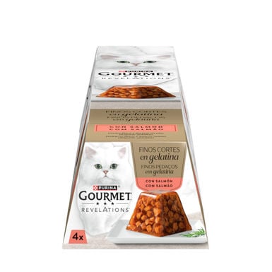 4 terrinas x 57 g Gourmet Revelations Pedaços finos de Salmão em gelatina para gatos
