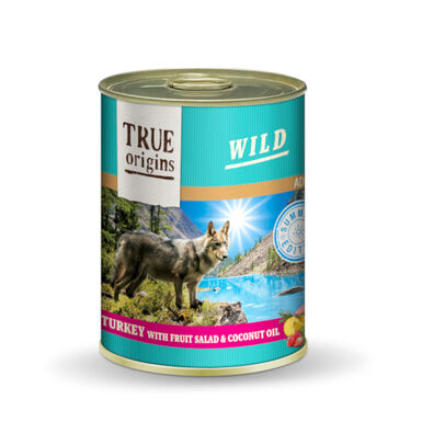 True Origins Wild Summer Peru com salada de frutas e óleo de coco em lata para cães