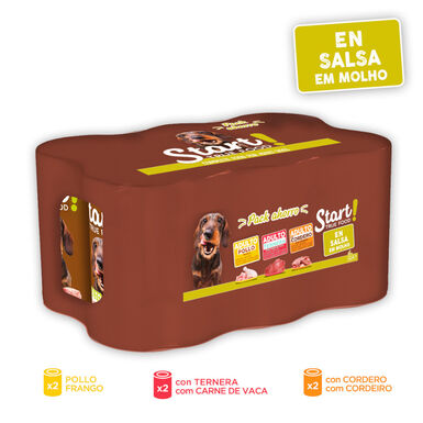 Start! Adulto Frango, Vitela e Cordeiro em Molho lata para cães - Multipack 6