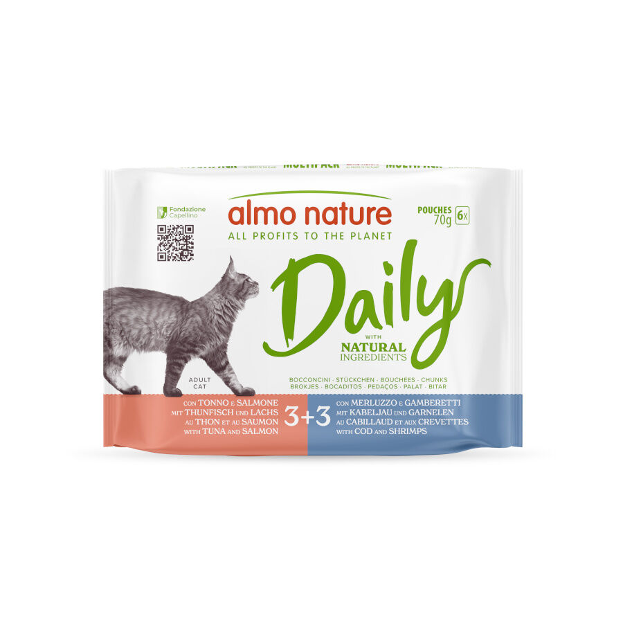 6 saquetas x 70 g  Almo Nature Daily Atum com Salm&atilde;o e Bacalhau com Camar&atilde;o Sach&ecirc; para Gatos, , large Imagem n&uacute;mero 1