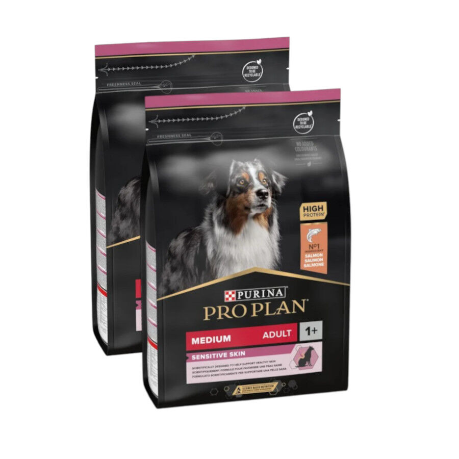 2 x 14 kg Pro Plan Adult Medium Sensitive Skin Salm&atilde;o ra&ccedil;&atilde;o para c&atilde;es Pack poupan&ccedil;a!, , large Imagem n&uacute;mero 1