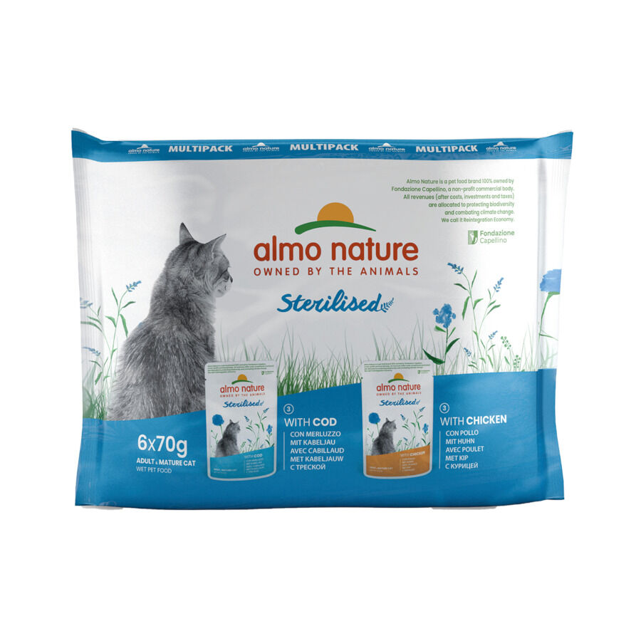 6 saquetas x 70 g Almo Nature Sterilised Bacalhau e Frango saquetas para gatos - Multipack, , large Imagem n&uacute;mero 1