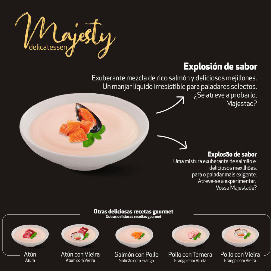 6 saquetas x 15 g Majesty Snack L&iacute;quido de Salm&atilde;o com Mexilh&otilde;es para gatos, , large Imagem n&uacute;mero 4