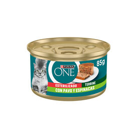 Purina One Esterilizado Comida h&uacute;mida de peru e espinafres em terrina para gatos