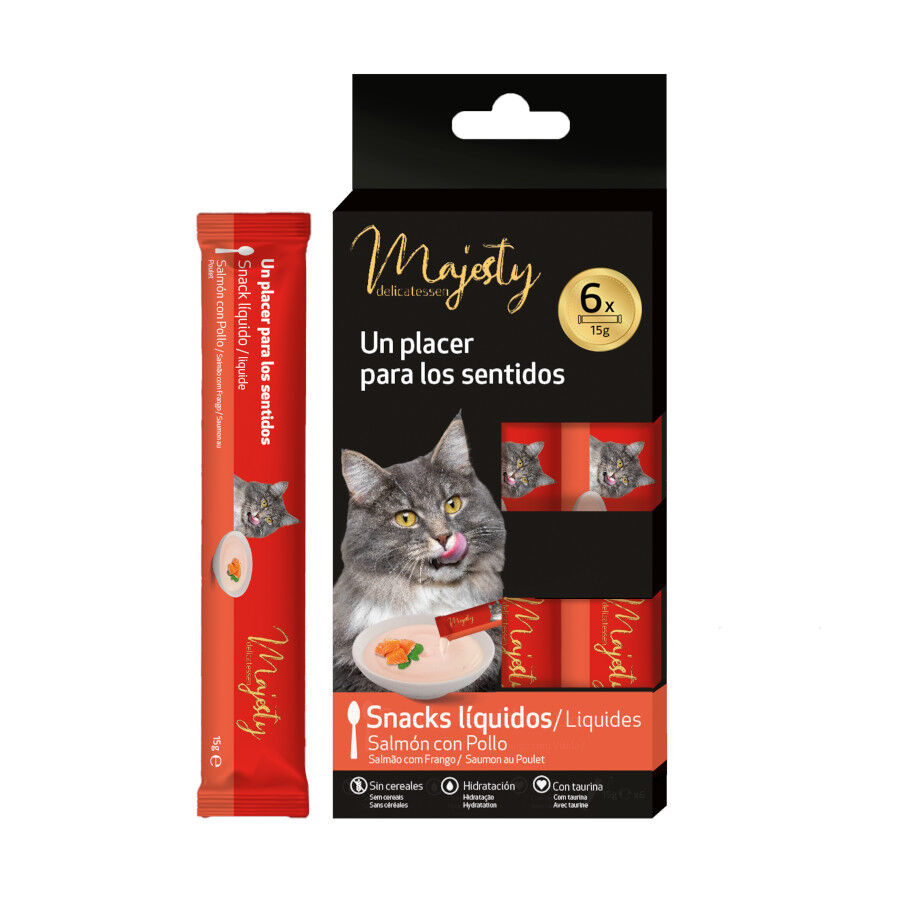 6 saquetas x 15 g Majesty Salm&atilde;o com Frango snack l&iacute;quido para gatos, , large Imagem n&uacute;mero 1