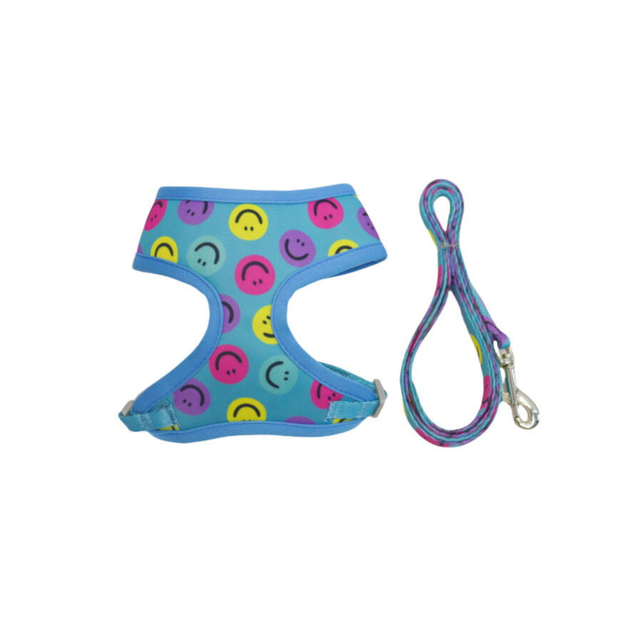 Gotoo Trela e peitoral estampado smile azul para gatos, , large Imagem n&uacute;mero 1