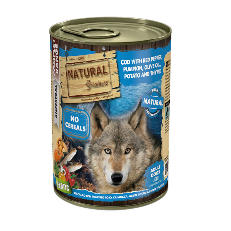 390 g Natural Greatness Complet Ancestral Bacalhau com Pimentos Vermelhos e Batatas patê em lata para cães,  Imagem número 1 390 g Natural Greatness Complet Ancestral Bacalhau com Pimentos Vermelhos e Batatas patê em lata para cães, , large Imagem número 1