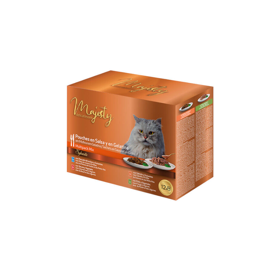 24 saquetas x 100 g Majesty Multipack Comida h&uacute;mida de peixe e carne em pacotes para gatos Pack Poupan&ccedil;a!, , large Imagem n&uacute;mero 1