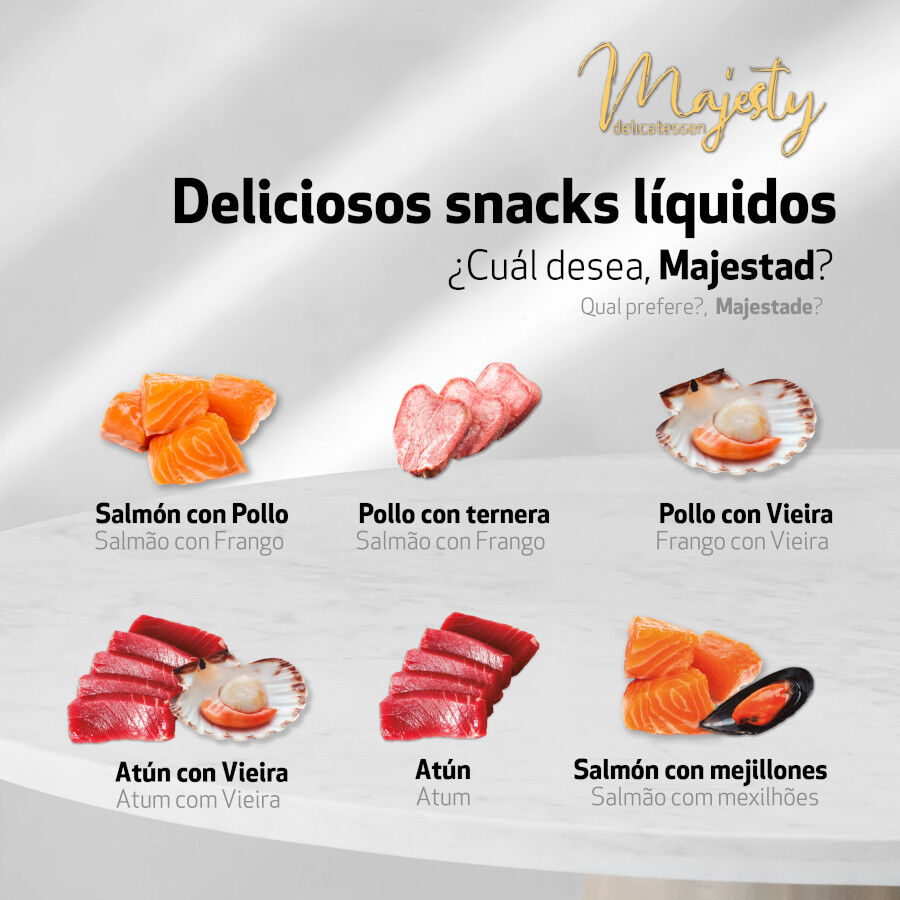 6 saquetas x 15 g Majesty Snack L&iacute;quido de Salm&atilde;o com Mexilh&otilde;es para gatos, , large Imagem n&uacute;mero 3