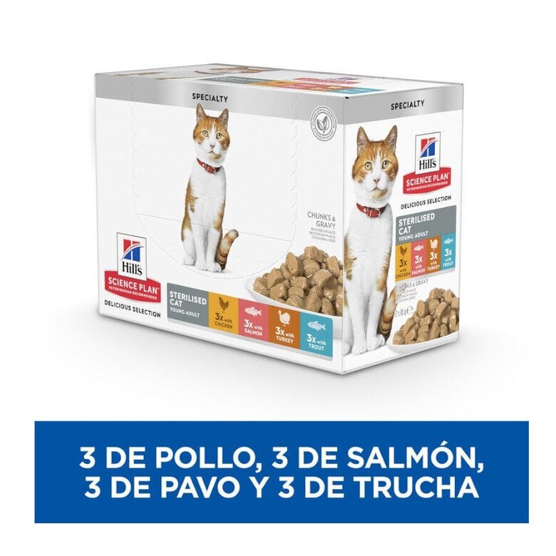 12 saquetas x 85 g Hill's Young Adult Science Plan Sterilised Carne e Peixe saqueta para gatos - Multipack 12,  Imagem número 3 12 saquetas x 85 g Hill's Young Adult Science Plan Sterilised Carne e Peixe saqueta para gatos - Multipack 12, , large Imagem número 3