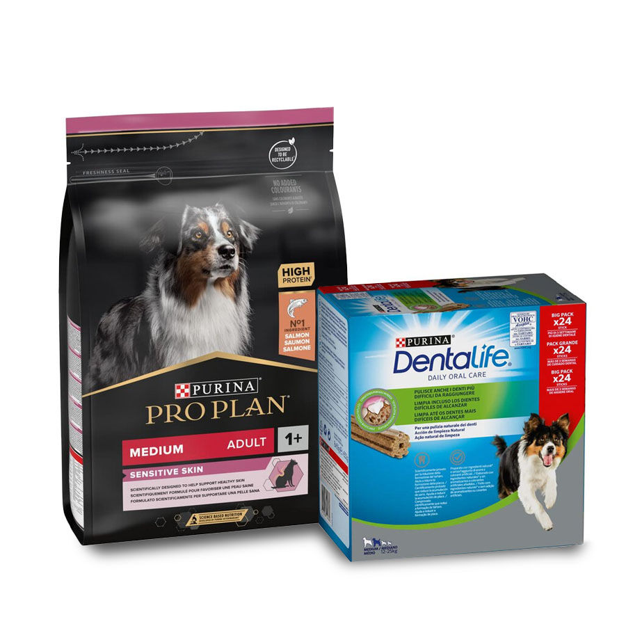 14 kg + 24 sticks Pro Plan Pack de Ra&ccedil;&atilde;o e Snacks Dermatol&oacute;gicos para c&atilde;es de porte m&eacute;dio Pack poupan&ccedil;a!, , large Imagem n&uacute;mero 1