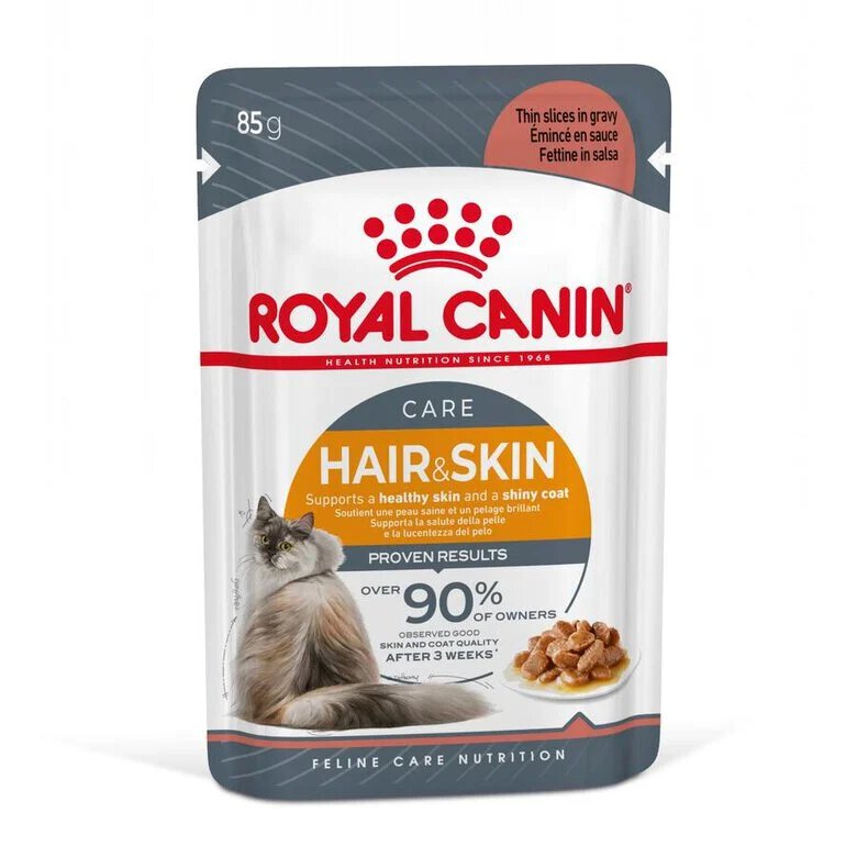 85 g Royal Canin Hair and Skin alimento húmido em molho saquetas para gatos,  Imagem número 1 85 g Royal Canin Hair and Skin alimento húmido em molho saquetas para gatos, , large Imagem número 1