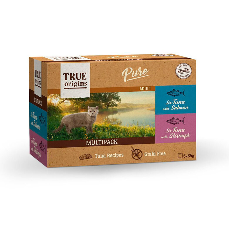 6 latas x 85 g True Origins Pure Atum com Salmão e Camarão lata em molho para gatos,  Imagem número 1 6 latas x 85 g True Origins Pure Atum com Salmão e Camarão lata em molho para gatos, , large Imagem número 1