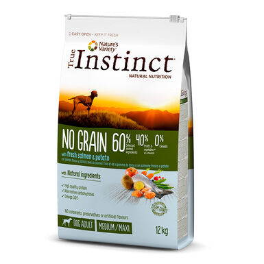 True Instinct No Grain Medium/Maxi Adult com salm&atilde;o, v&aacute;rios formatos