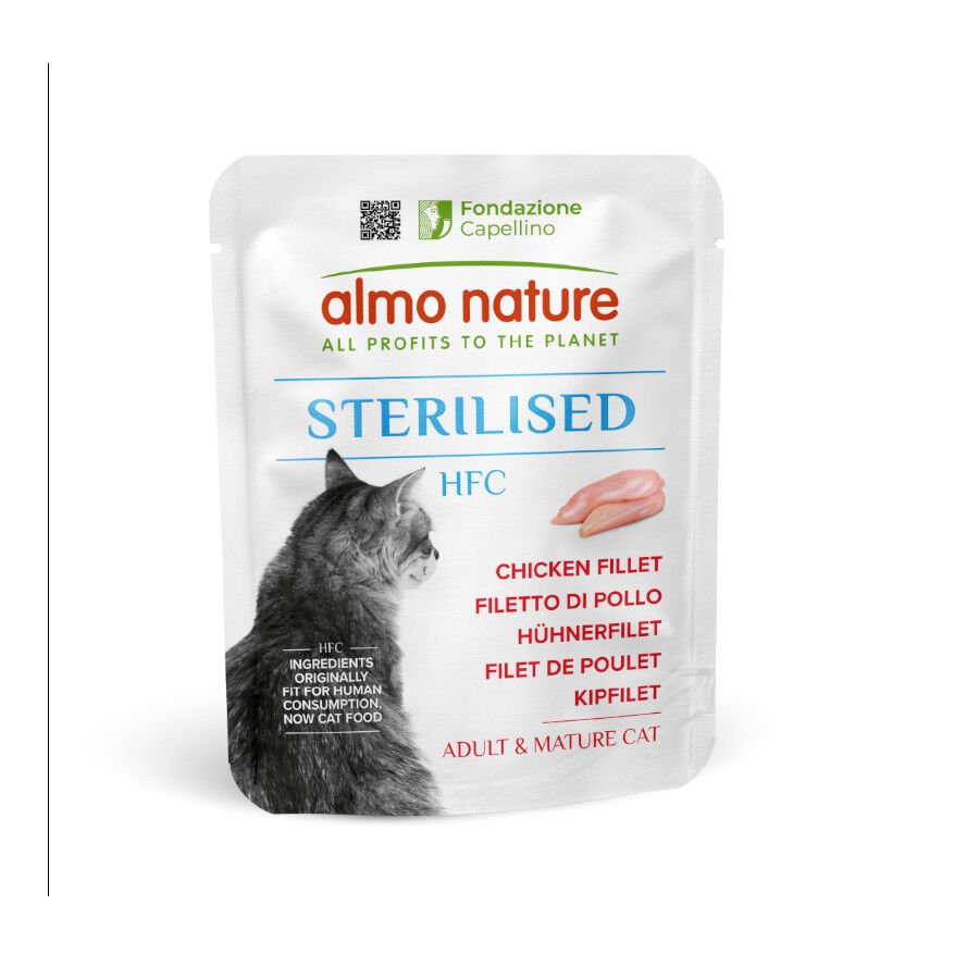 24 saquetas x 50 g Almo Nature HFC esterilizado Sach&ecirc; de fil&eacute; de frango para gatos Pack Poupan&ccedil;a!, , large Imagem n&uacute;mero 1