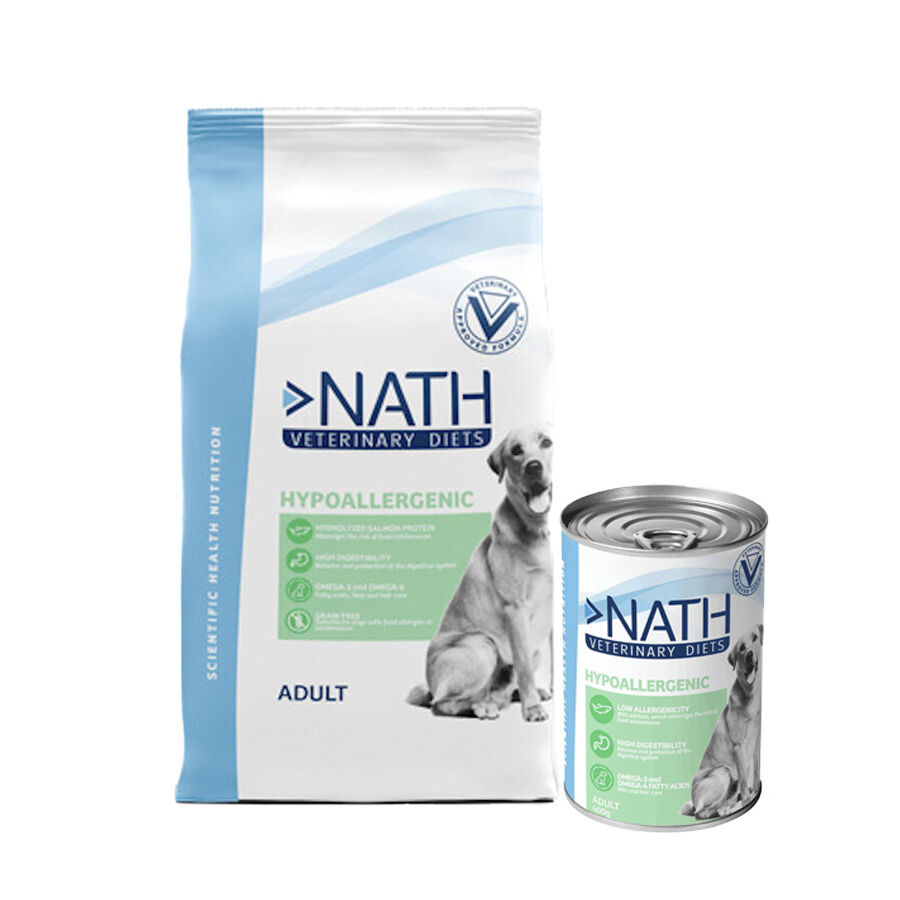 12 kg + 12 latas x 400 g Pack Nath Hypoallergenic - ra&ccedil;&atilde;o e alimento h&uacute;mido para c&atilde;o Pack poupan&ccedil;a!, , large Imagem n&uacute;mero 1