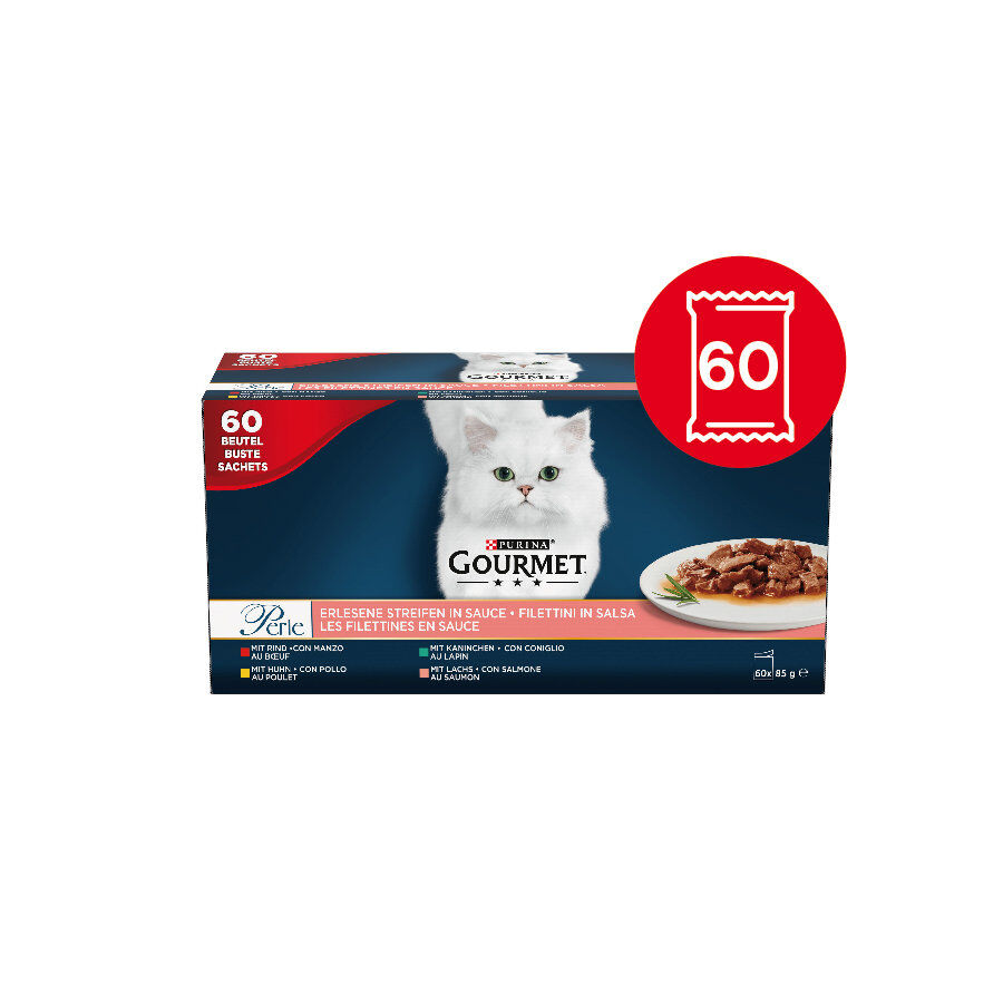 60 uds. de 85 g Gourmet Perle Alimento h&uacute;mido de coelho, vaca, frango e salm&atilde;o  em saquetas para gatos, , large Imagem n&uacute;mero 2