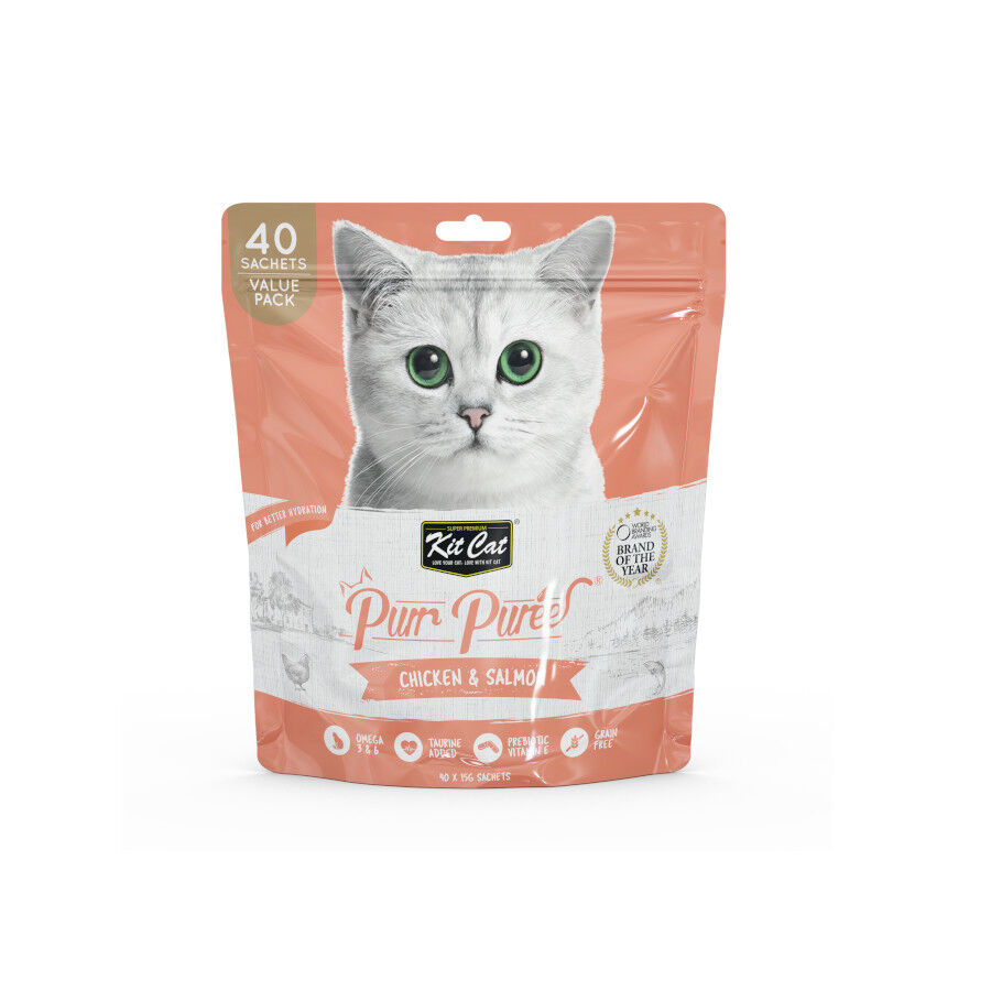Kit Cat PurPuree Comida h&uacute;mida de frango e salm&atilde;o em saquetas para gatos, , large Imagem n&uacute;mero 1
