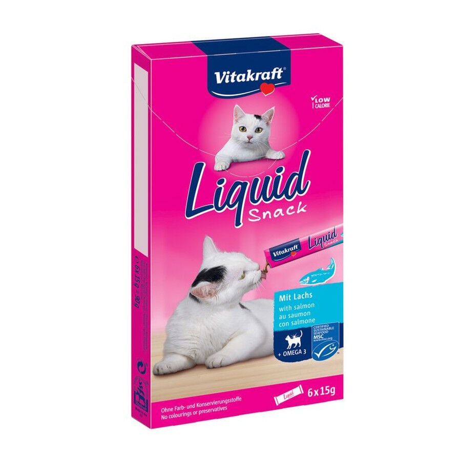 6 saquetas x 15 g Vitakraft Liquid Snack de Salm&atilde;o para gatos, , large Imagem n&uacute;mero 1