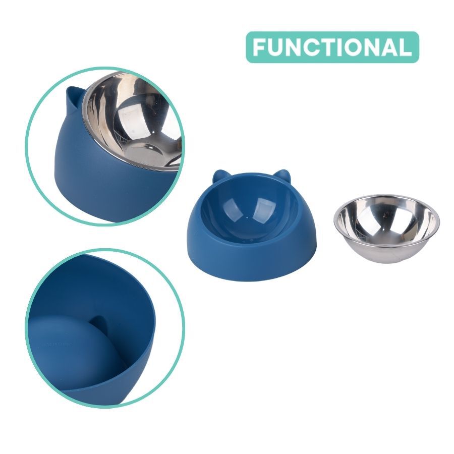 Leeby Comedouro Elevado em A&ccedil;o Inoxid&aacute;vel e Pl&aacute;stico Azul para gatos, , large Imagem n&uacute;mero 3