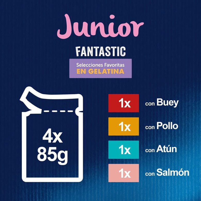 4 saquetas x 85 g Felix Junior Fantastic Carne e Peixe em Geleia saqueta - Multipack,  Imagem número 4 4 saquetas x 85 g Felix Junior Fantastic Carne e Peixe em Geleia saqueta - Multipack, , large Imagem número 4