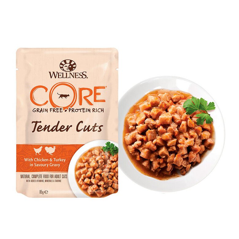 85 g Wellness Core Tender Cuts frango e peru em molho saquetas para gatos,  Imagem número 2  85 g Wellness Core Tender Cuts frango e peru em molho saquetas para gatos, , large Imagem número 2