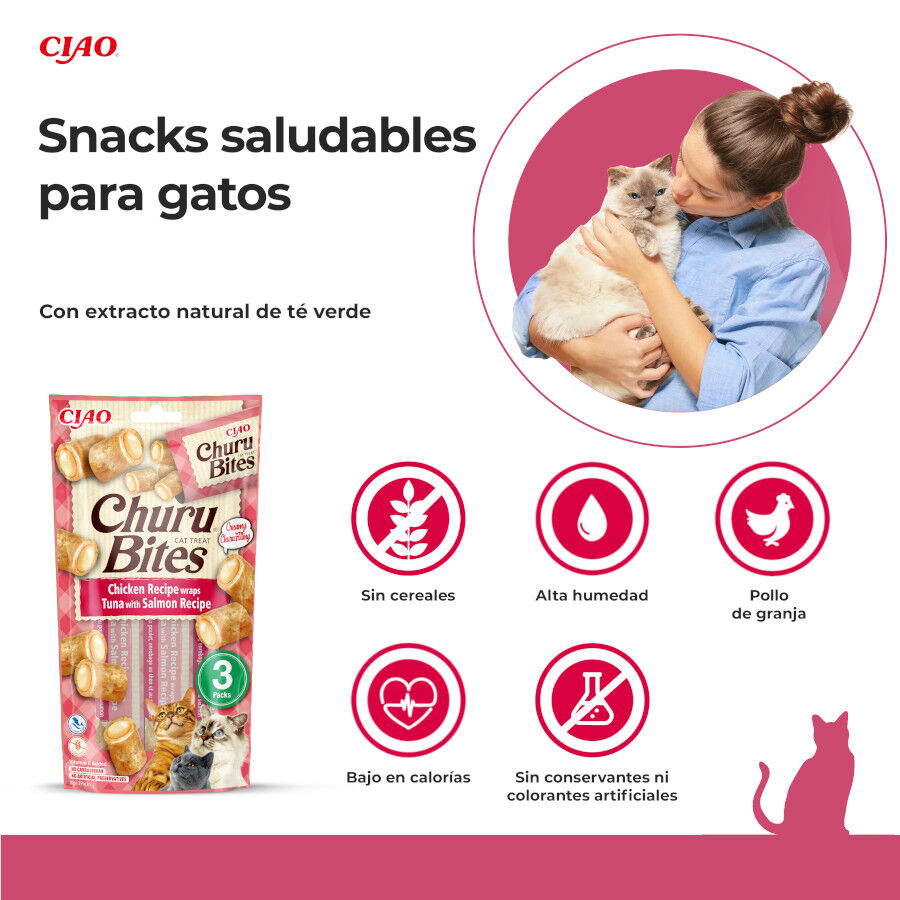 3 saquetas x 10 g Churu Snacks Bites de Frango e Atum com Salm&atilde;o para gatos, , large Imagem n&uacute;mero 2