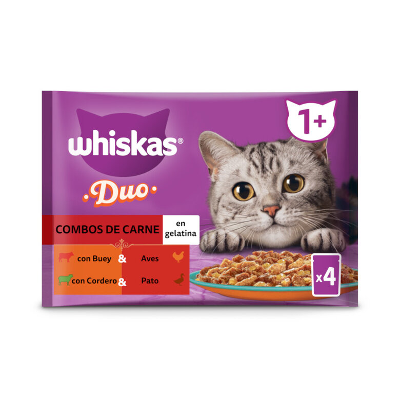 4 saquetas x 85 g Whiskas Duo Meat Combos Sachê de Geléia para Gatos,  Imagem número 1 4 saquetas x 85 g Whiskas Duo Meat Combos Sachê de Geléia para Gatos, , large Imagem número 1