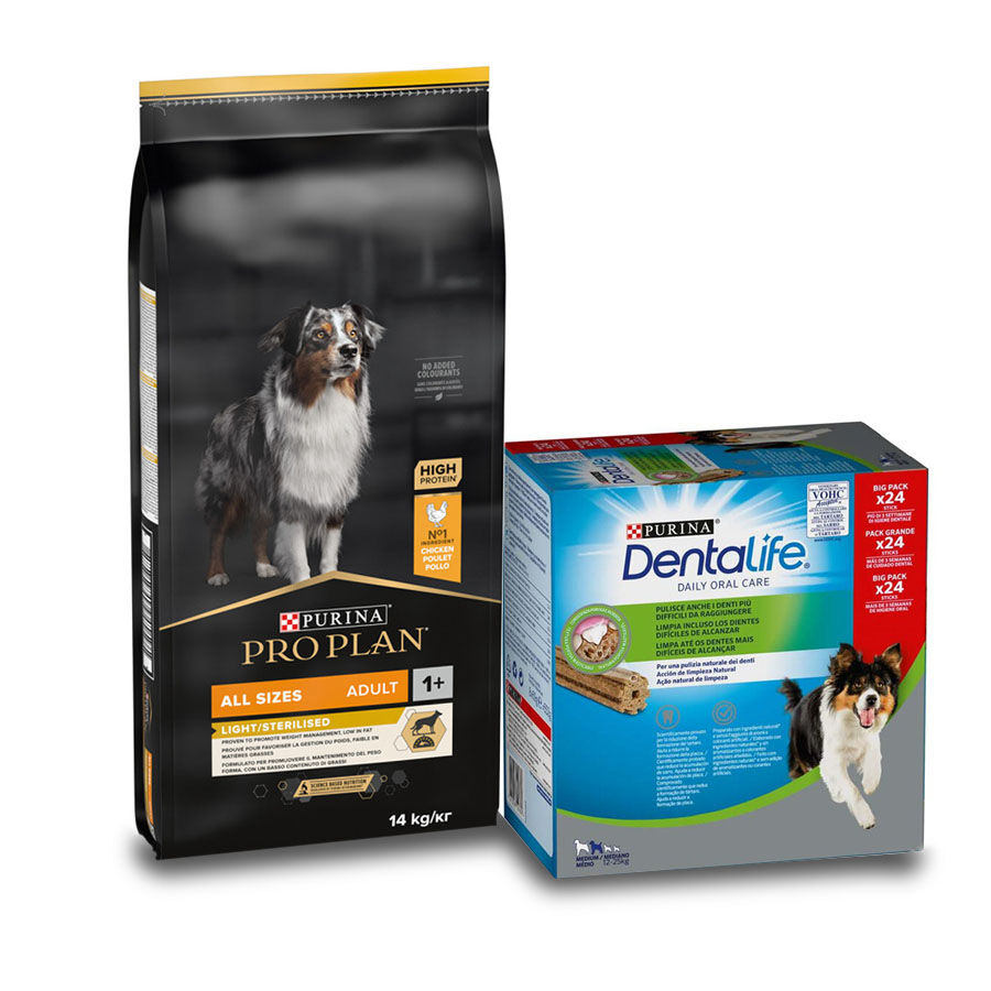 14 kg + 24 sticks Pro Plan Pack de Ra&ccedil;&atilde;o e Snacks Light para c&atilde;es esterilizados Pack poupan&ccedil;a!, , large Imagem n&uacute;mero 1