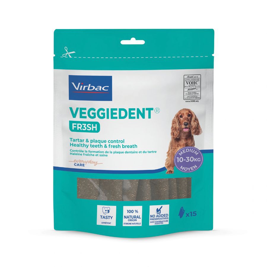 15 sticks Virbac Snacks Dent&aacute;rios Veggiedent Fresh para c&atilde;es de ra&ccedil;a m&eacute;dia, , large Imagem n&uacute;mero 2