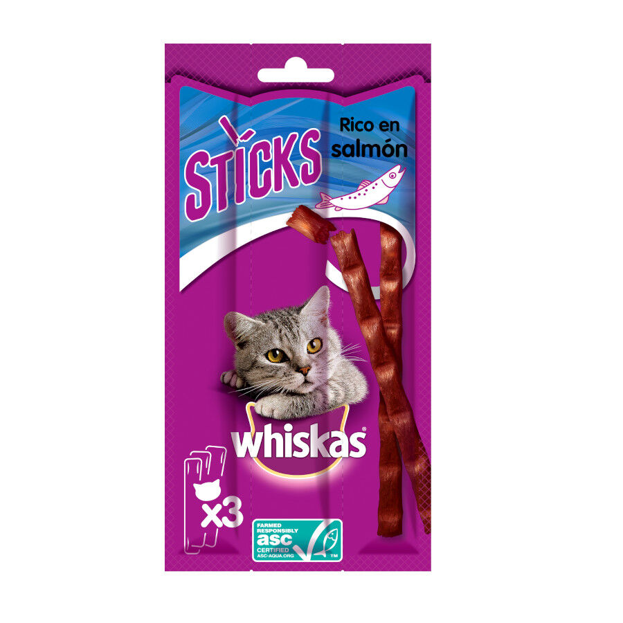 3 sticks Whiskas Sticks Snacks  Salm&atilde;o para Gatos, , large Imagem n&uacute;mero 1