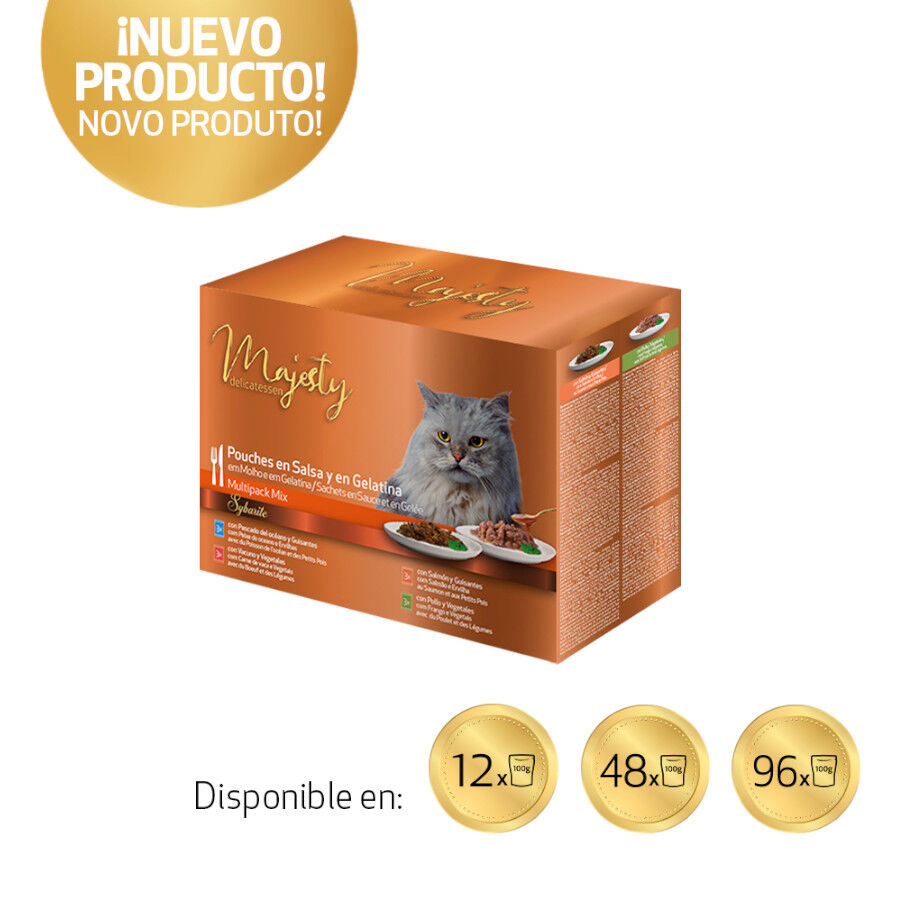 96 saquetas x 100 g Majesty Multipack Comida h&uacute;mida de peixe e carne em saquetas para gatos, , large Imagem n&uacute;mero 2