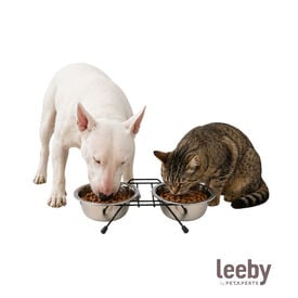 Leeby Comedouro Duplo em A&ccedil;o Inoxid&aacute;vel com Suporte para c&atilde;es e gatos