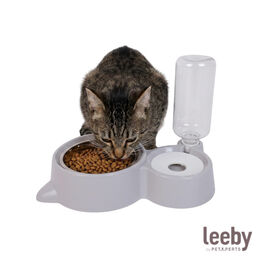 Leeby Comedouro e Dispensador de &Aacute;gua 2 em 1 em A&ccedil;o Inoxid&aacute;vel Cinzento para gatos