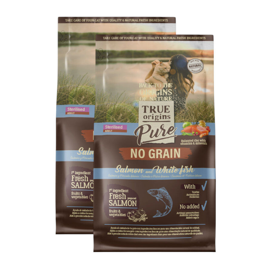 2 x 7 kg True Origins Pure Adult Sterilised Salm&atilde;o Grain Free ra&ccedil;&atilde;o para gatos Pack poupan&ccedil;a!, , large Imagem n&uacute;mero 1