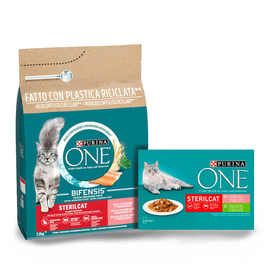 2.8 kg + 4 saquetas x 85 g Purina One Pack de Ra&ccedil;&atilde;o e Alimento H&uacute;mido de Salm&atilde;o para gatos esterilizados, , large Imagem n&uacute;mero 1