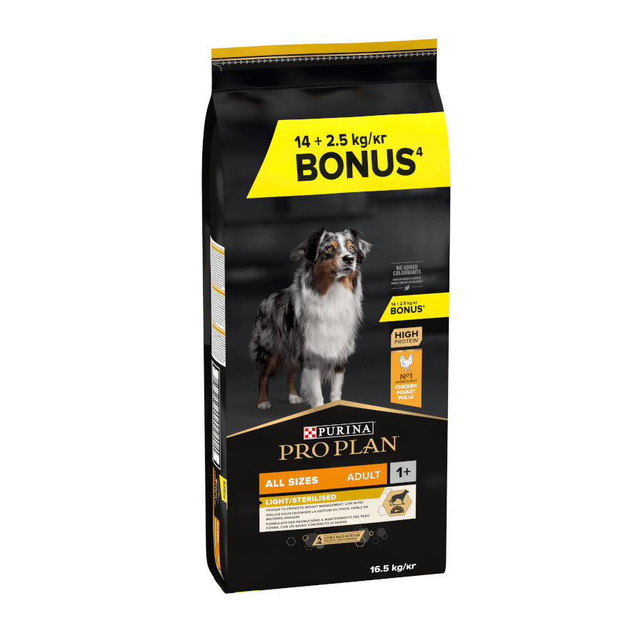 16.5 kg (14 + 2.5 kg gr&aacute;tis!) Pro Plan Adult Light/Sterilised Frango ra&ccedil;&atilde;o para c&atilde;es, , large Imagem n&uacute;mero 1